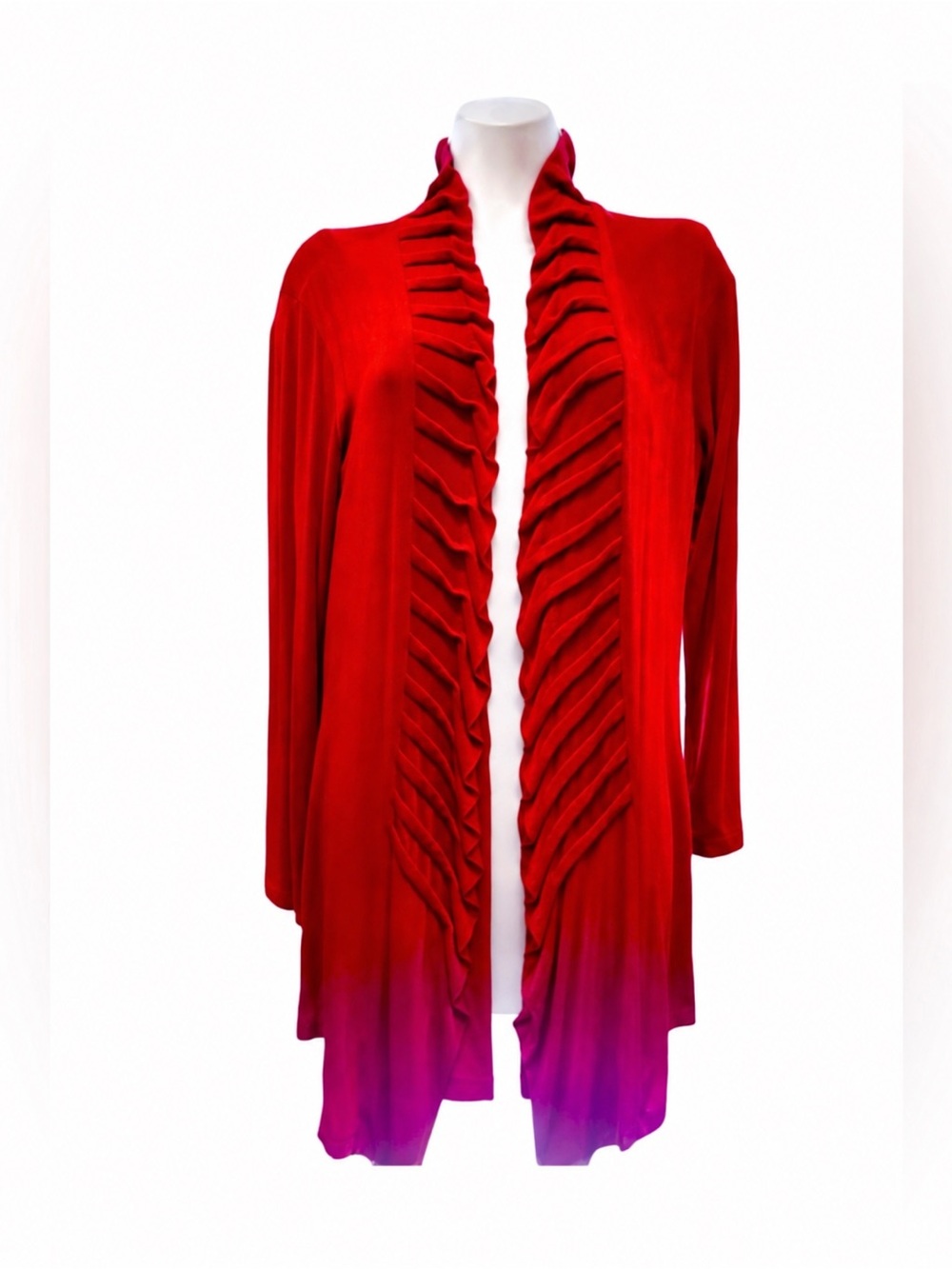 Chico’s Travelers Red Ruffle Jacket Size 1/Small Open Front Long Cardigan